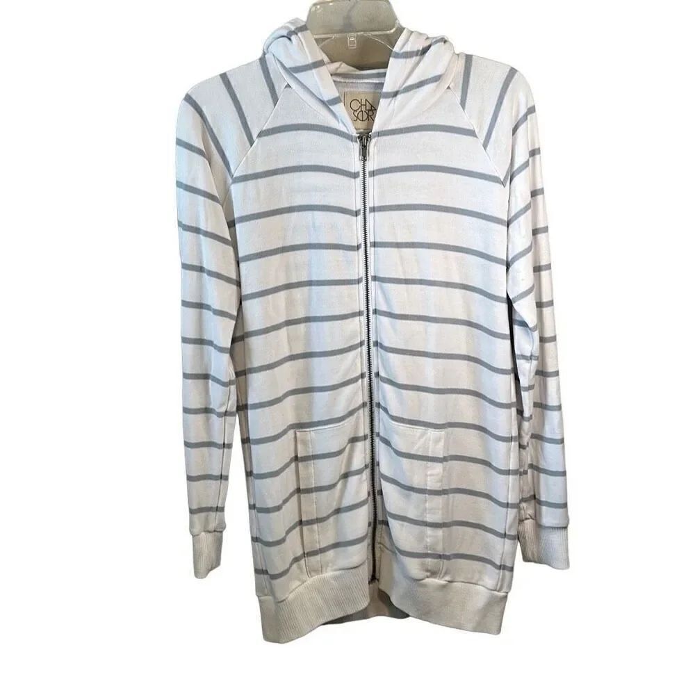 CHASER White Grey Stripes Full Zip Hoodie Sweatshirt S
